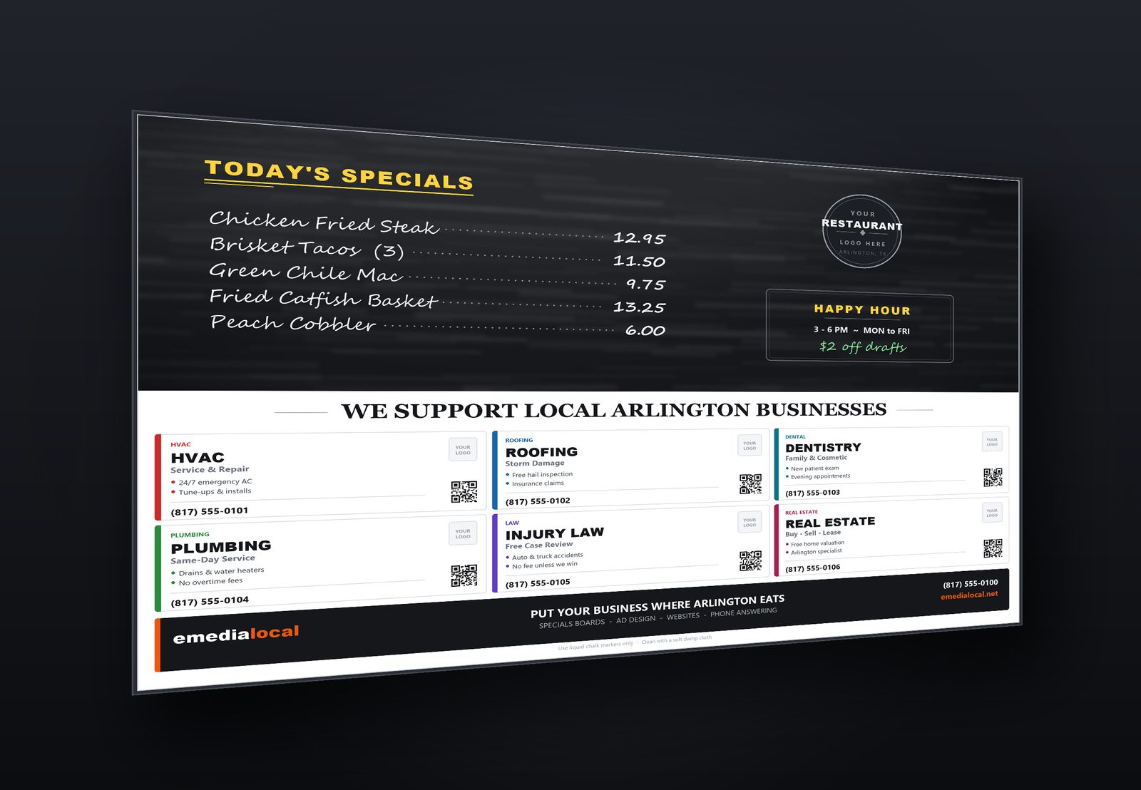 A specials board seen at an angle: a large black writing area above six local business adverts and an emedialocal strip.