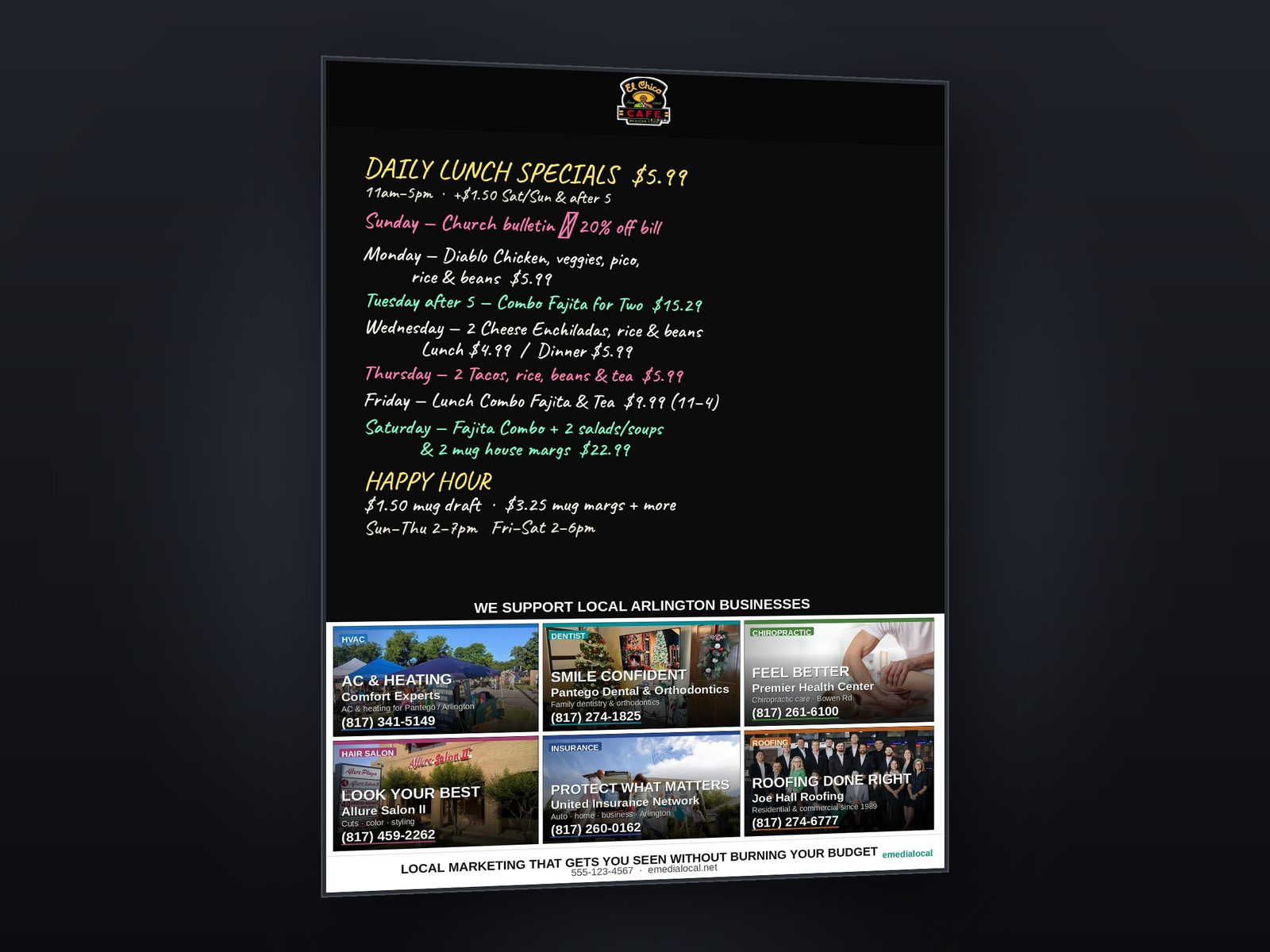 A specials board seen at an angle: a large black writing area above six local business adverts and an emedialocal strip.