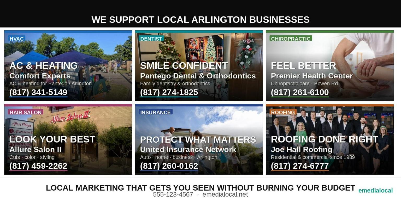 Close view of six sponsor slots along the bottom of a specials board, each with a business category, a phone number and a logo area.