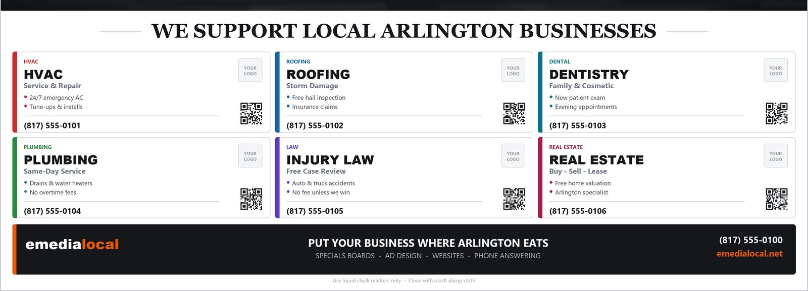 Close view of six advertiser slots along the bottom of a specials board, each with a business category, a phone number and a logo area.