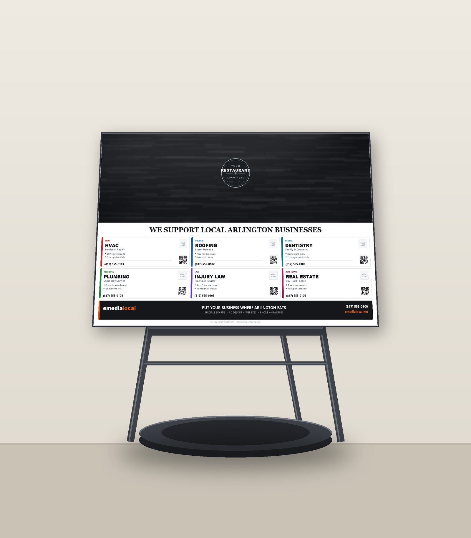 Sample specials board standing on a metal floor easel with a weighted ring around its base.