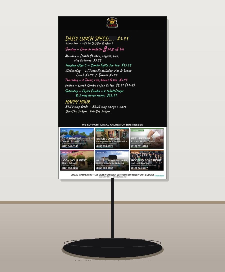 Sample specials board on a single-pole floor stand with a round weighted disc at its base.
