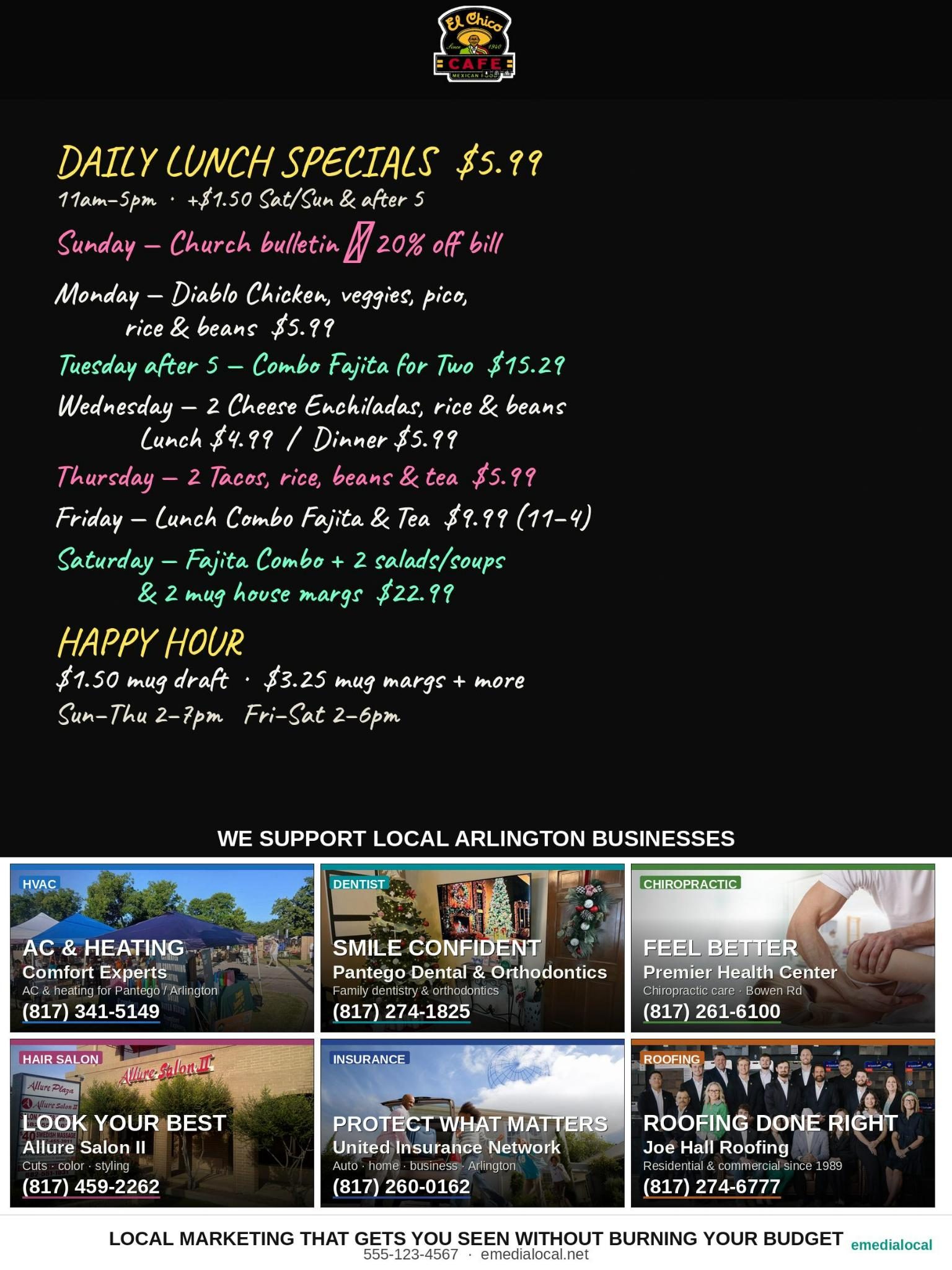 A specials board showing, from the top: the host logo, a large black writing area, a support-local banner, six sponsor slots, and an emedialocal strip.