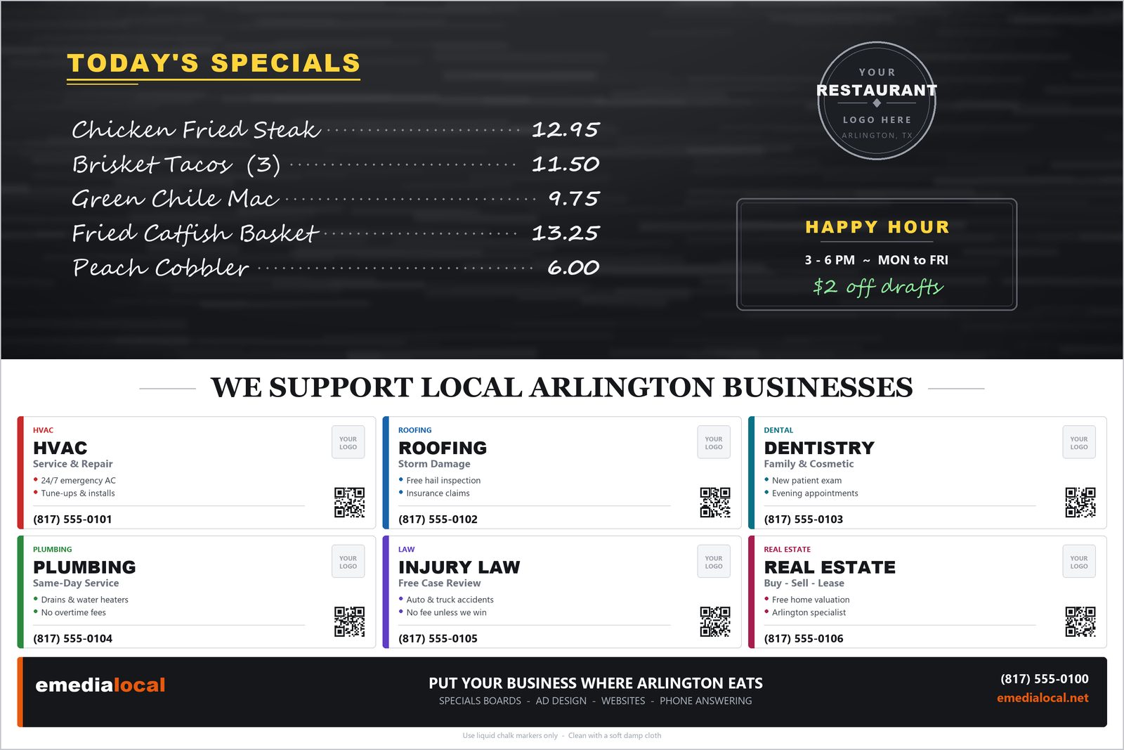 A specials board showing, from the top: the host logo, a large black writing area, a support-local banner, six advertiser slots, and an emedialocal strip.