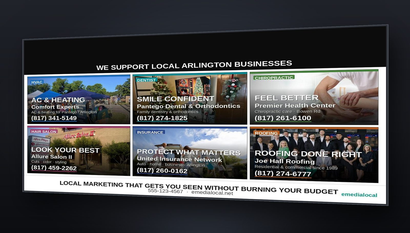 Close view of the advertising panel: six local business slots across the bottom of a specials board, each with a category, a business name and a phone number.