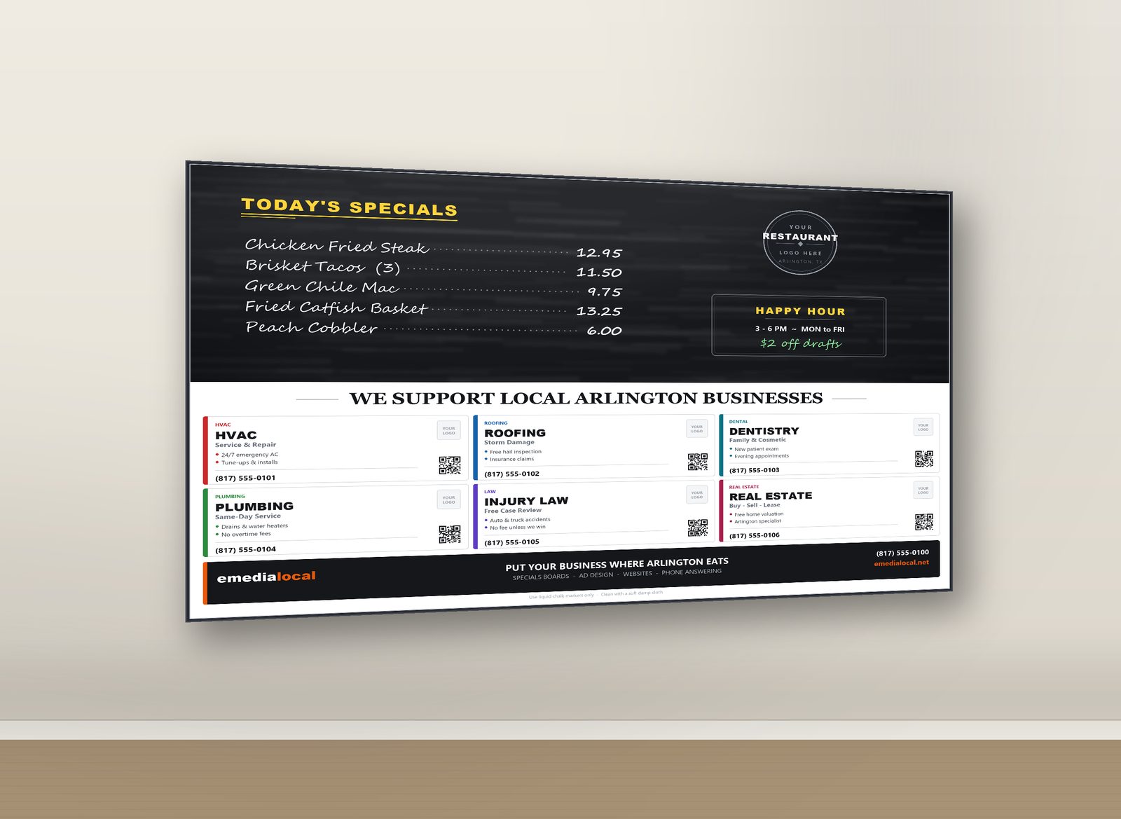 A specials board mounted flat on a wall above the skirting board.