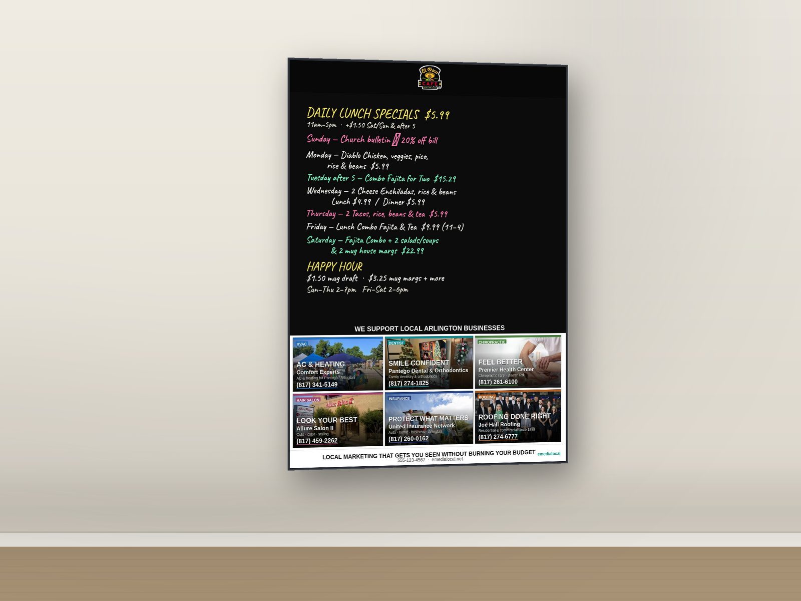 A specials board mounted flat on a wall above the skirting board.