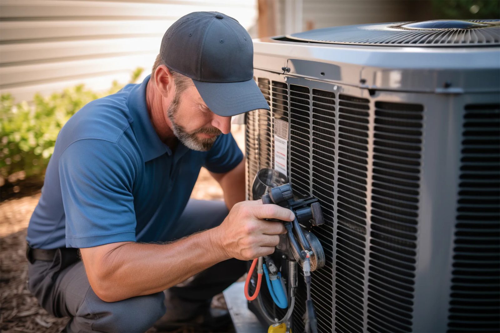 An air-conditioning technician servicing an outdoor condenser unit beside a house.